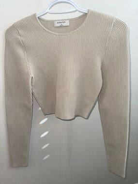 Babaton Beige Ribbed Long-Sleeve Cropped Tee